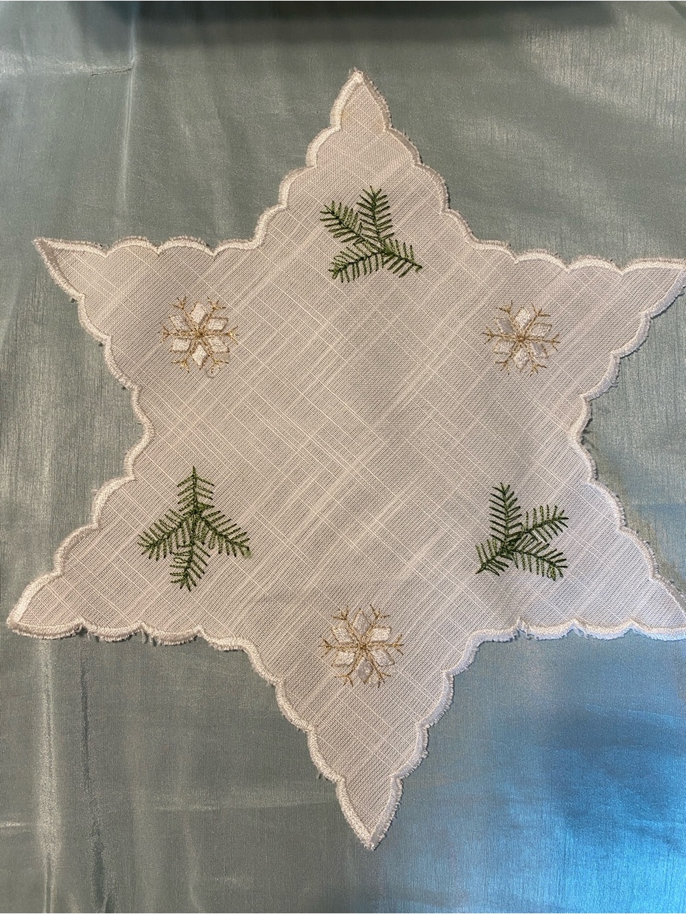 Scandinavian style White Star Embroidered Linen Doily with Green Pine Motif
